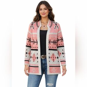 Rock & Roll Cowgirl Tribal Print Open Front Cardigan, Taupe Black Pink, M